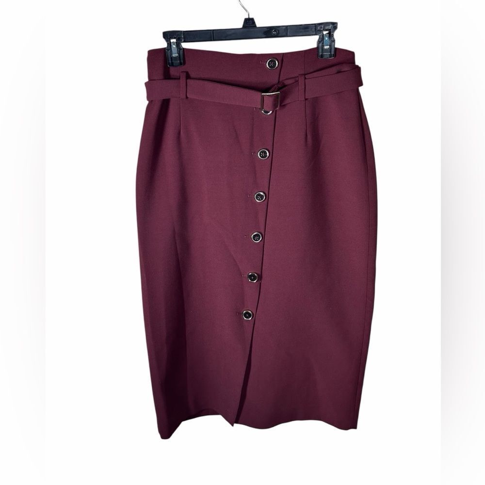 White House Black Market Burgundy Button-Front Pencil Skirt with Belt